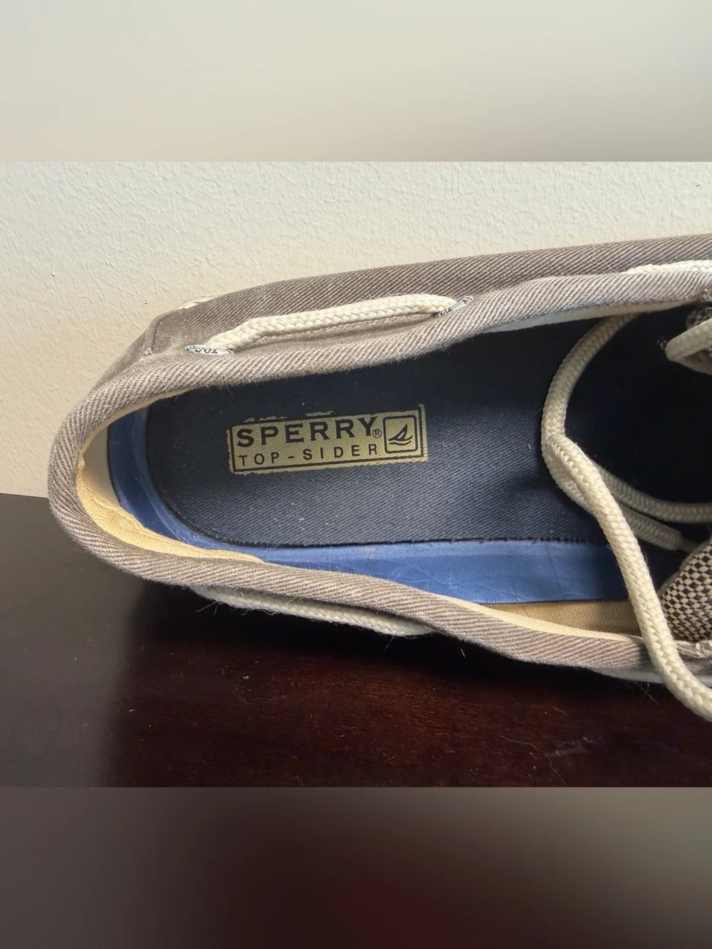 Sperry Taupe Canvas 2-Eye Boat Shoes with Blue Insole